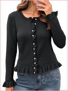 Ruffle Button Down Cardigan Sweater Cropped Cute Soft Knit Tops